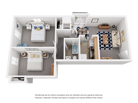 a stylized 3d floor plan with a bedroom and a living room